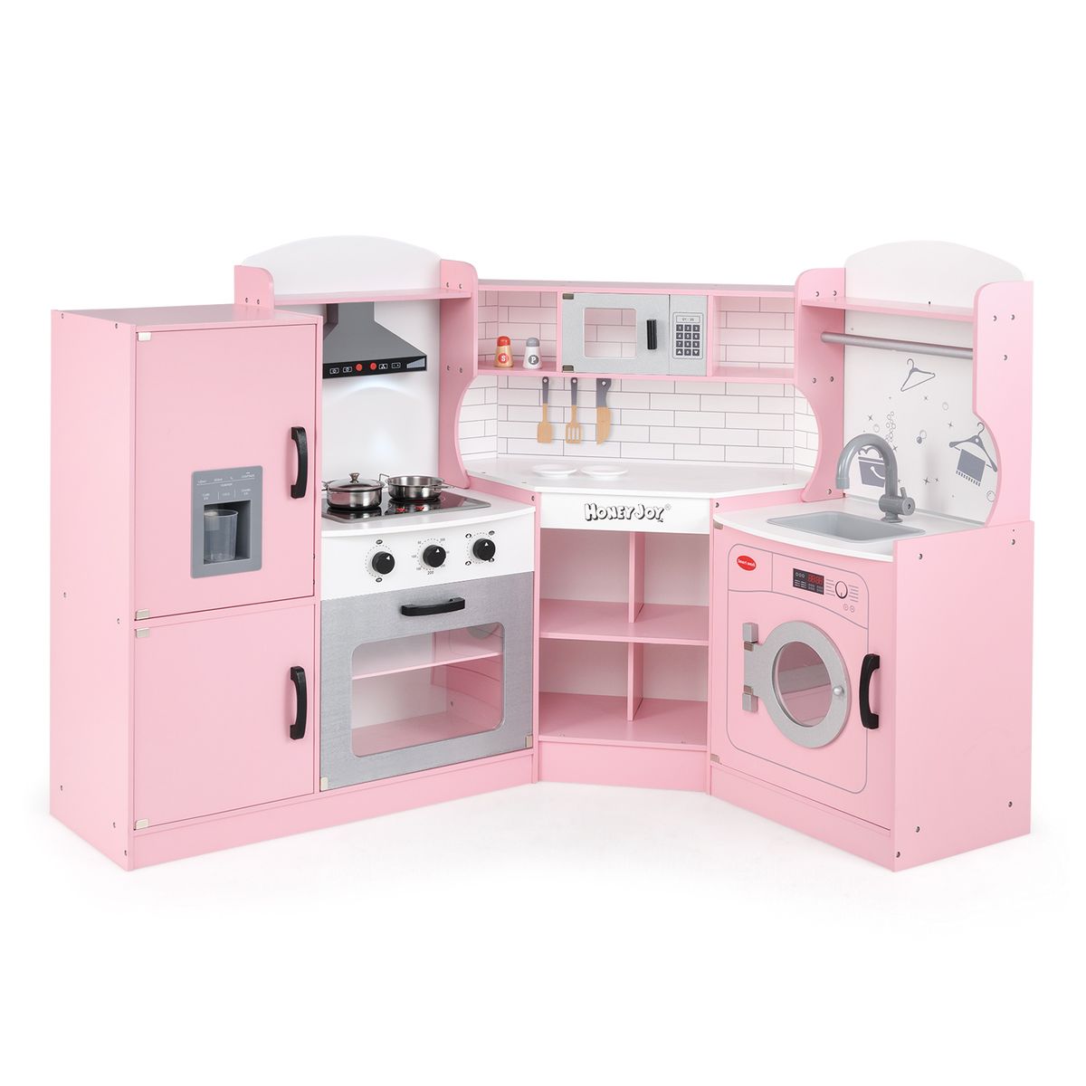 Wooden Corner Kitchen Playset with Storage Space - Pink