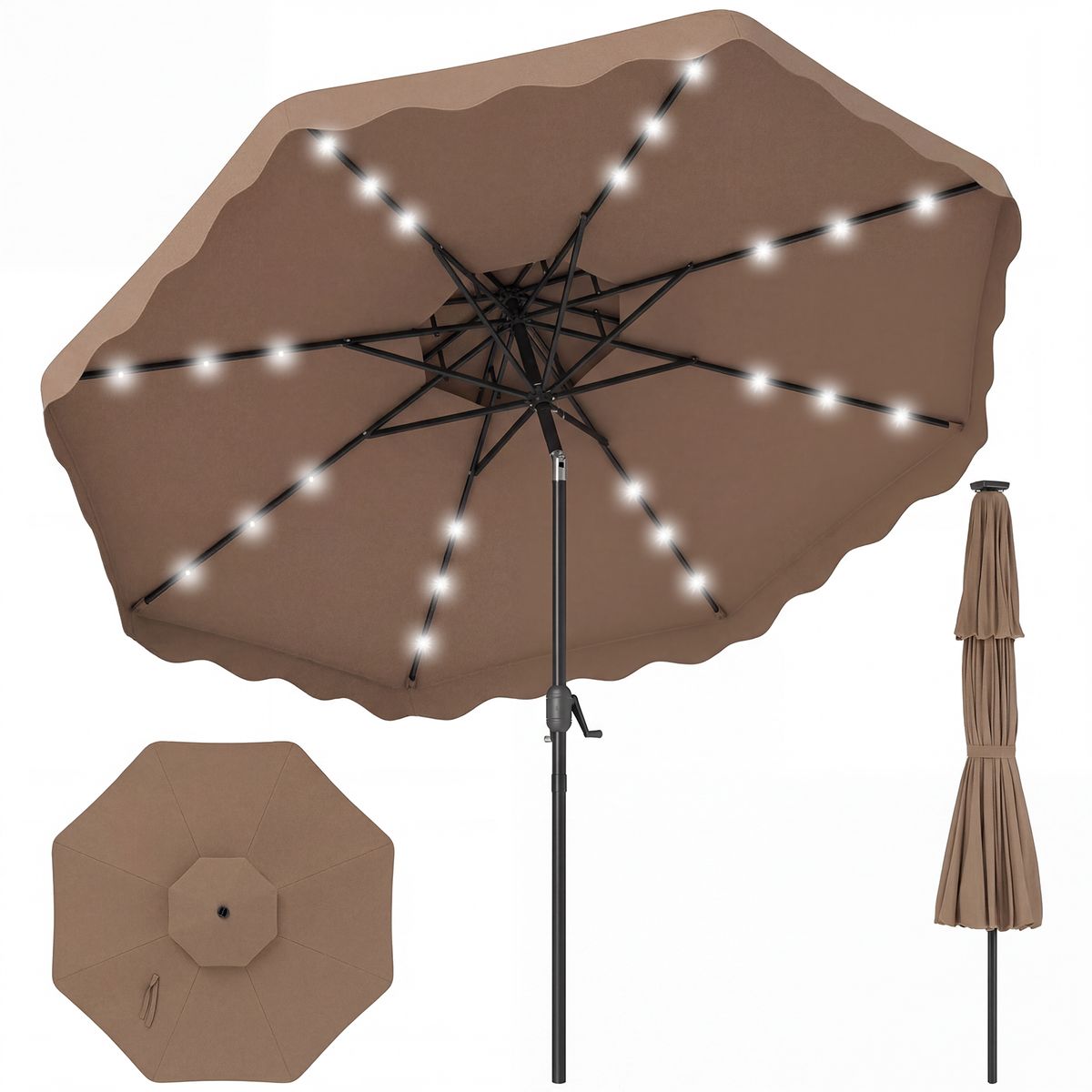 Solar LED Patio Umbrella - 9 FT -Brown