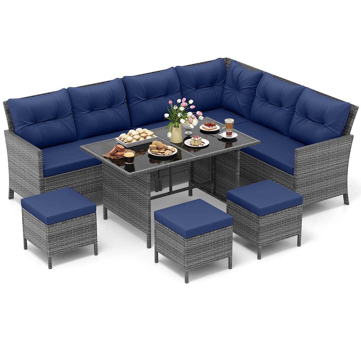 7-Piece Patio Sectional Furniture Set - 7 PCS Patio Dining Set -Blue