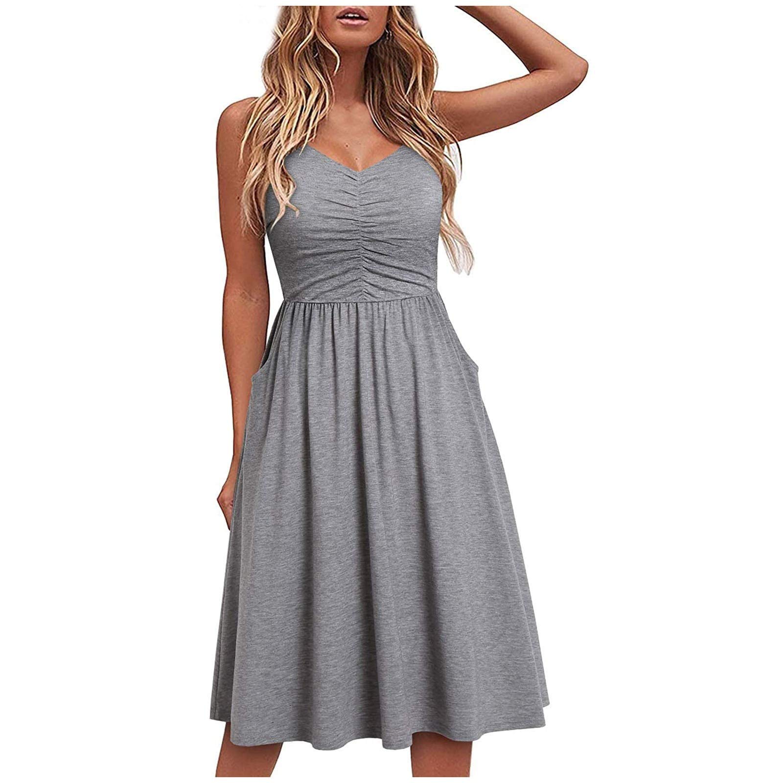Women's V Neck Ruched Spaghetti Strap Midi Dress - Grey-2XL