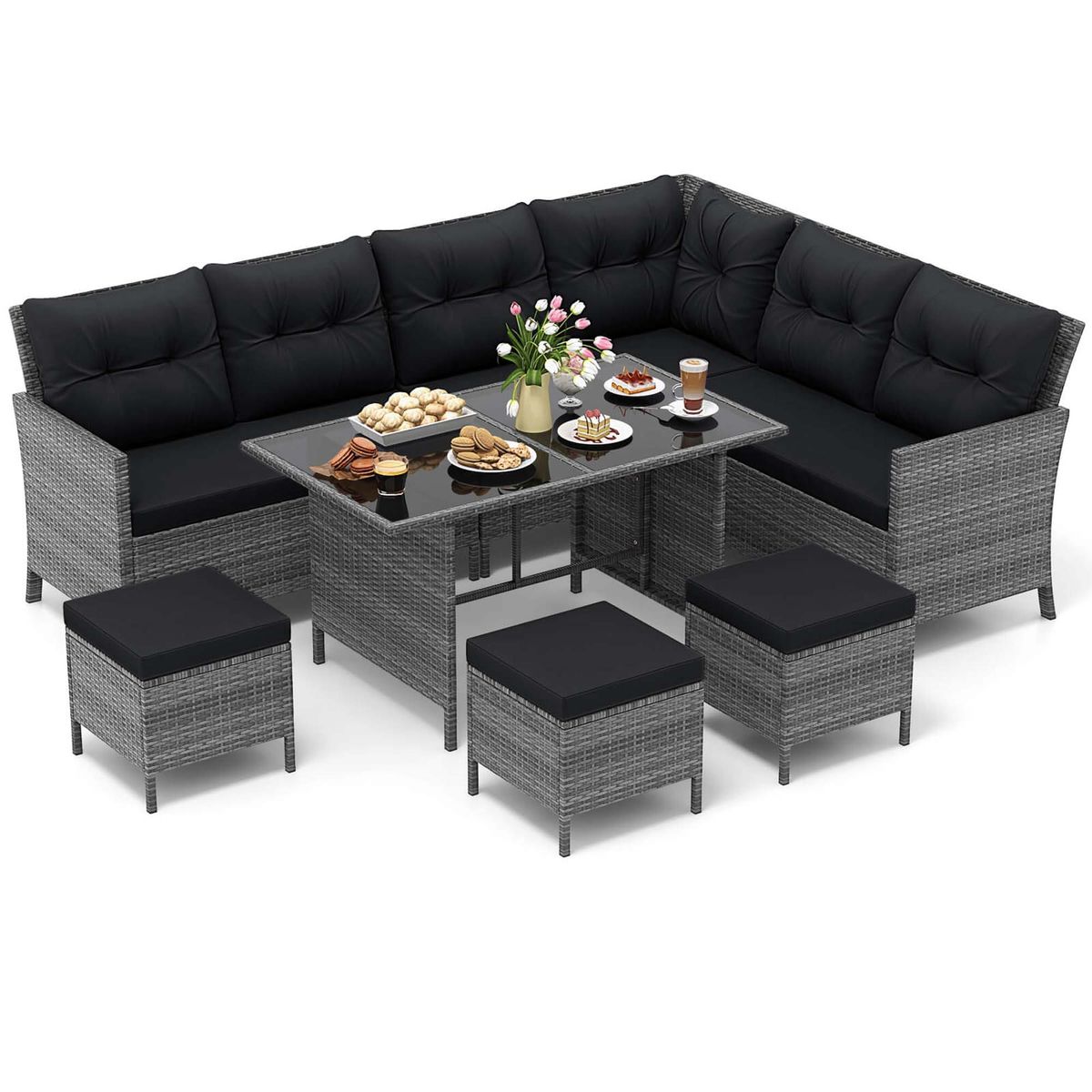 Costway - 7 PCS Patio Dining Furniture Set PE Rattan Sectional Sofa Set with Soft Cushions - Black,Mix Gray