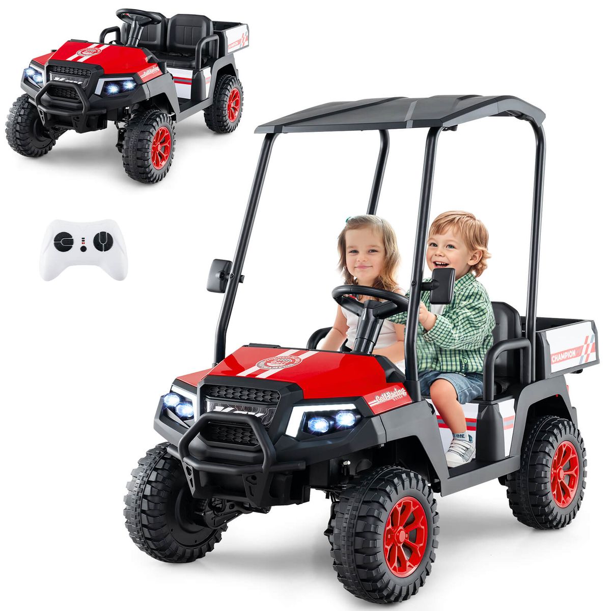 24V 7AH Kids Golf Cart 4WD 2 Seater Ride on Car with Sun Shade & Dump Bed - Red