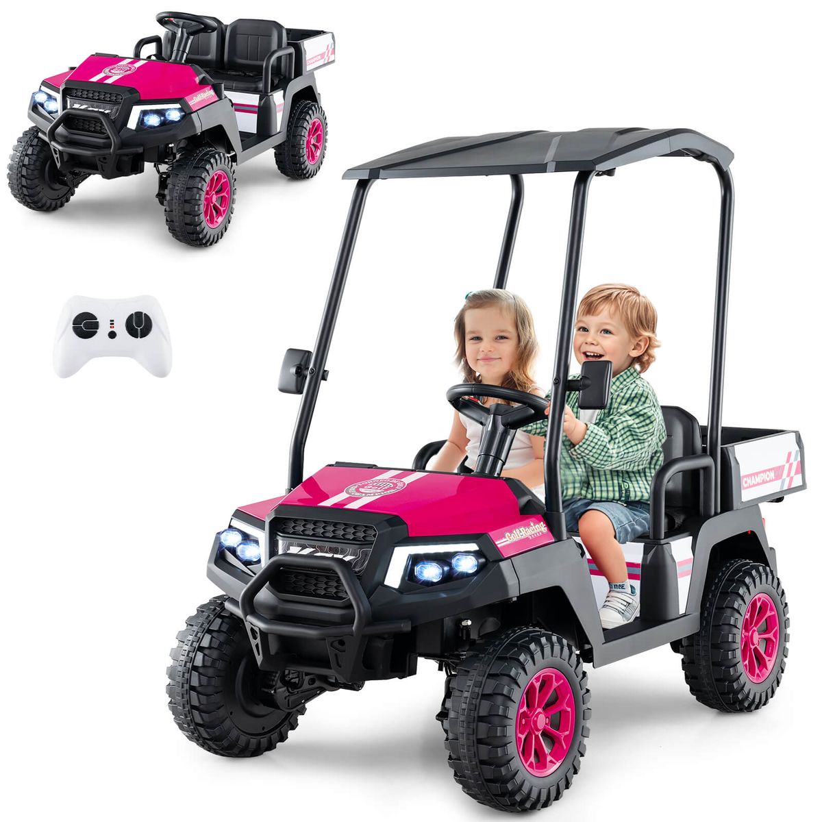 24V 7AH Kids Golf Cart 4WD 2 Seater Ride on Car with Sun Shade & Dump Bed - Pink