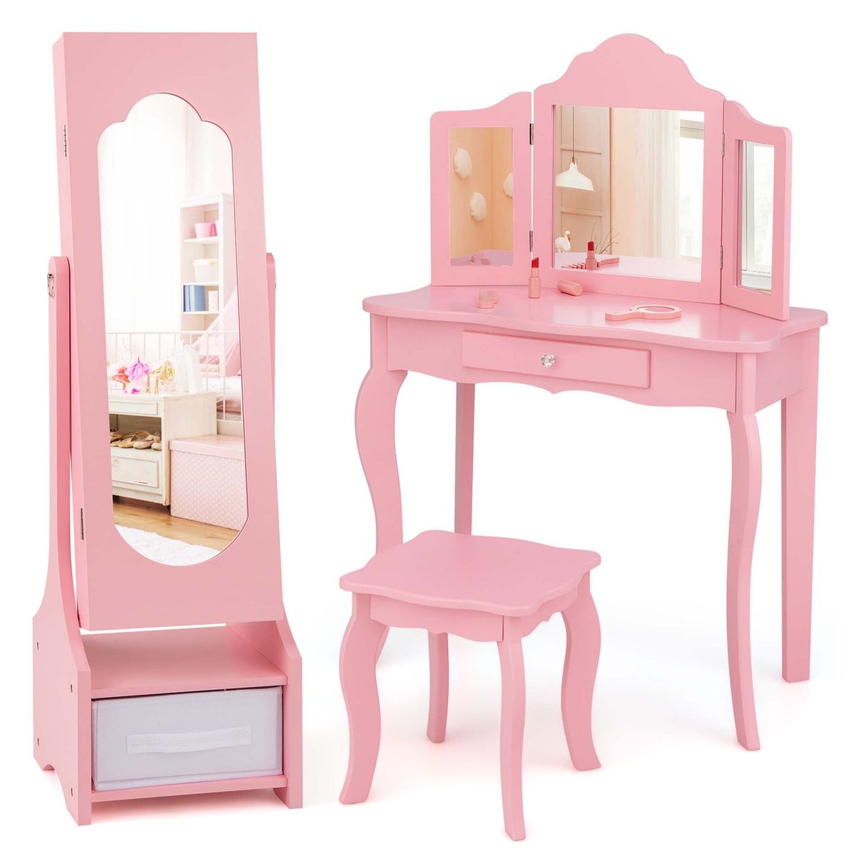 Princess Makeup Dressing Table and Chair Kids Vanity Set - Kids Vanity Set-Pink