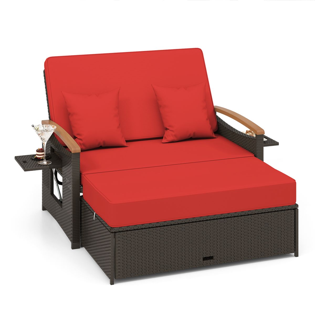 Patio Rattan Daybed Set with Cushioned Loveseat & Storage Ottoman for Porch - Red