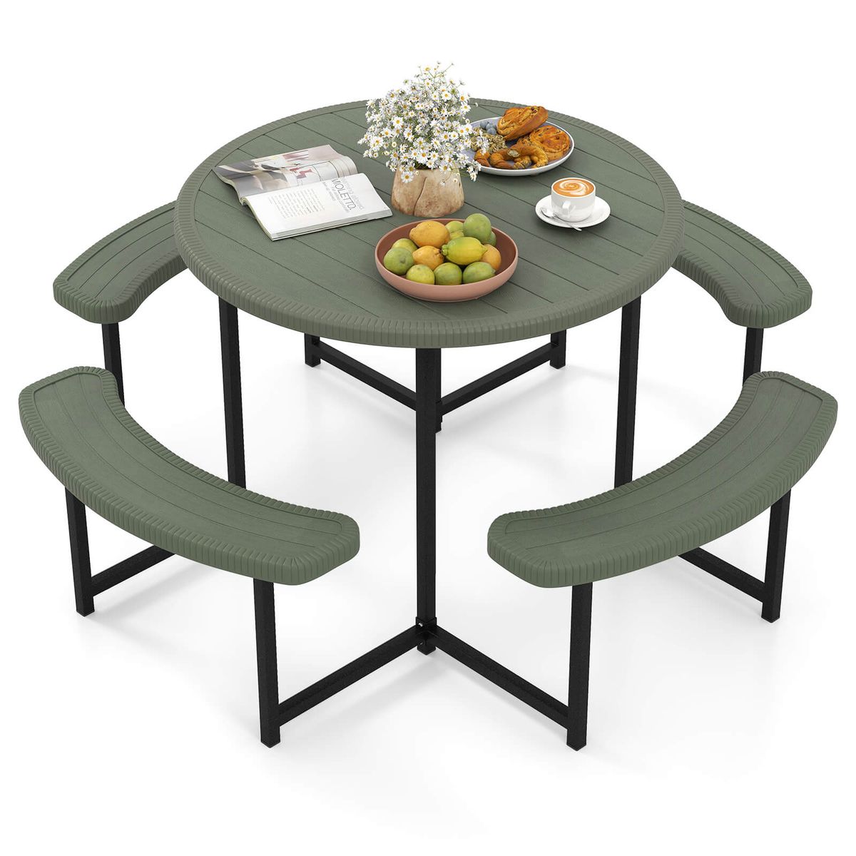 Round Picnic Table Set with 4 Curved Benches and 1.57" Umbrella Hole - Table Bench-Green