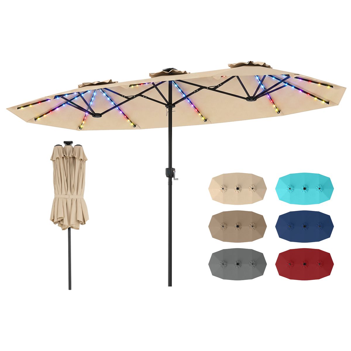 Double-Sided Patio Umbrella with Solar Lights - 7.6 ft H-Beige