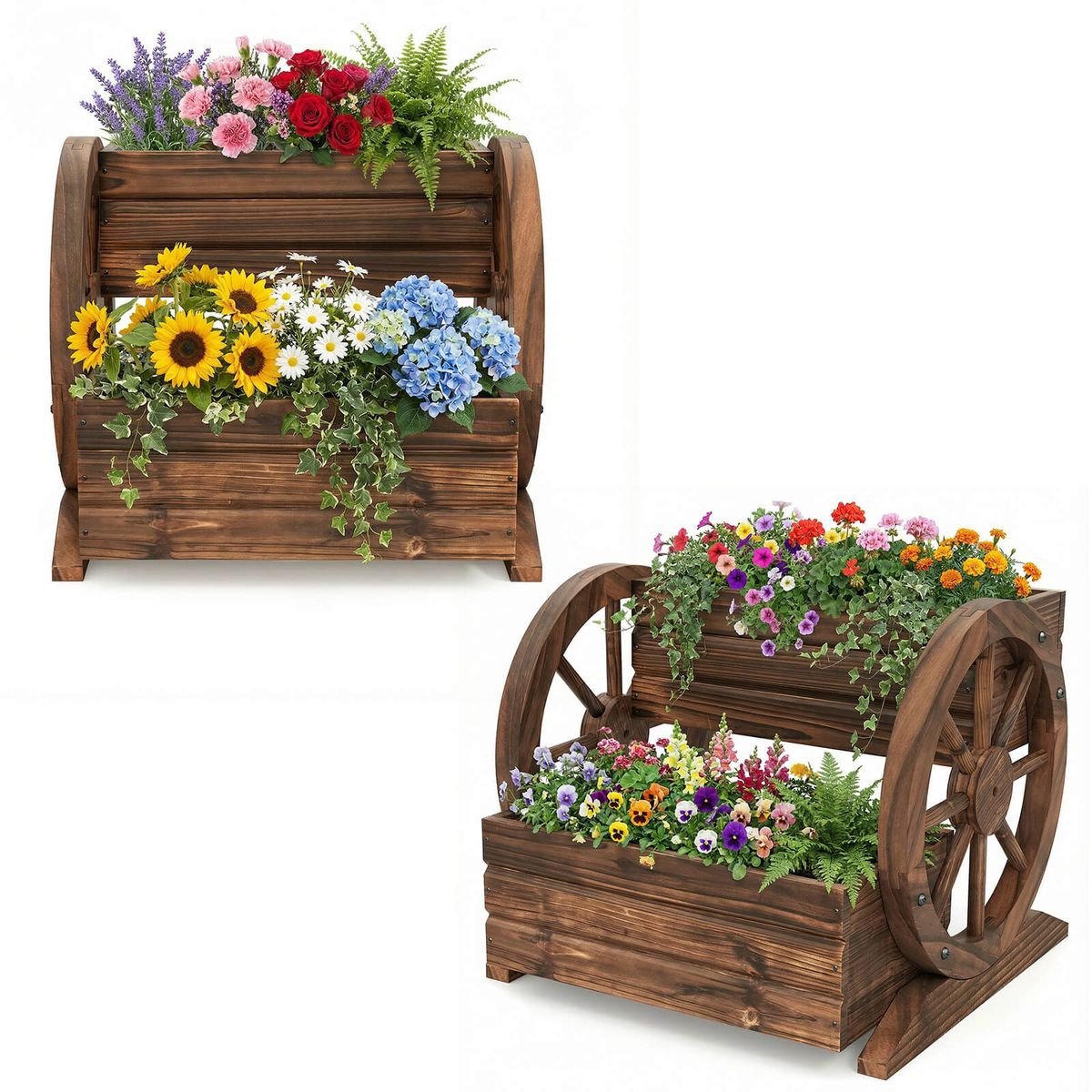 Photos - Flower Pot Costway 2-Tier Rustic Wood Wagon Planter with Drainage Hole - 18” Planter-2 HCST12213