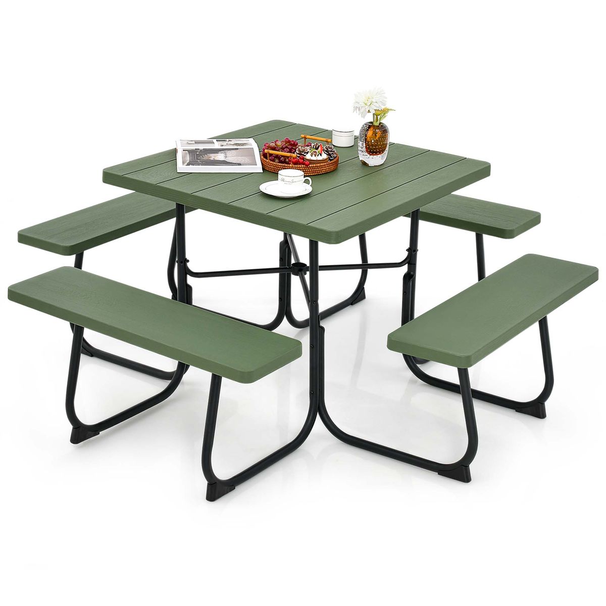 Outdoor Square Picnic Table and Bench Set - Green