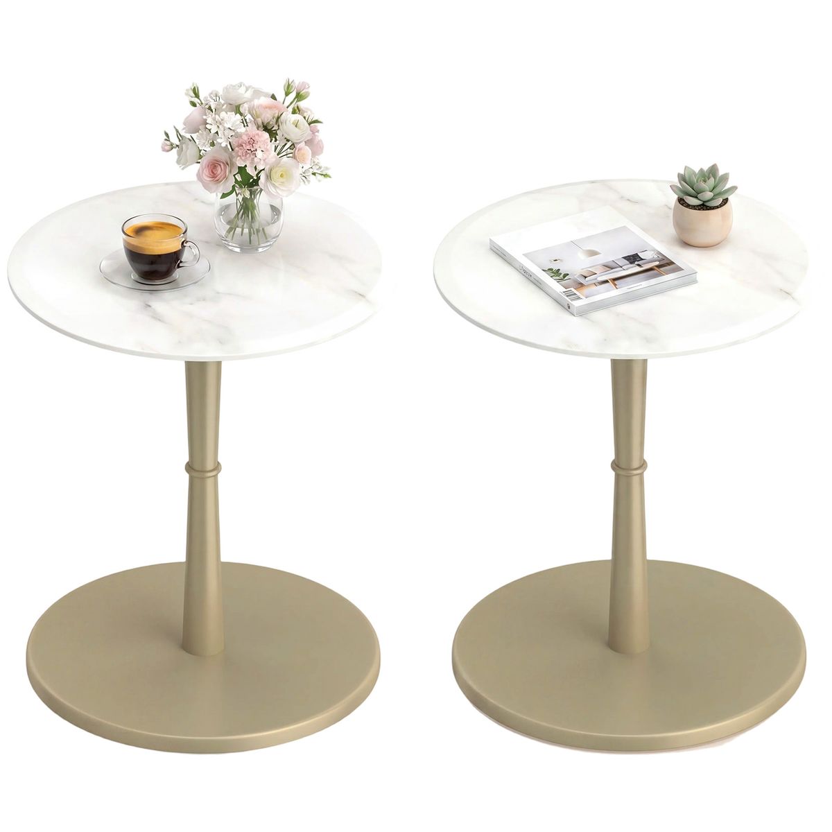 Round Marble Side Table (1- or 2-Pack) - White + Gold-2