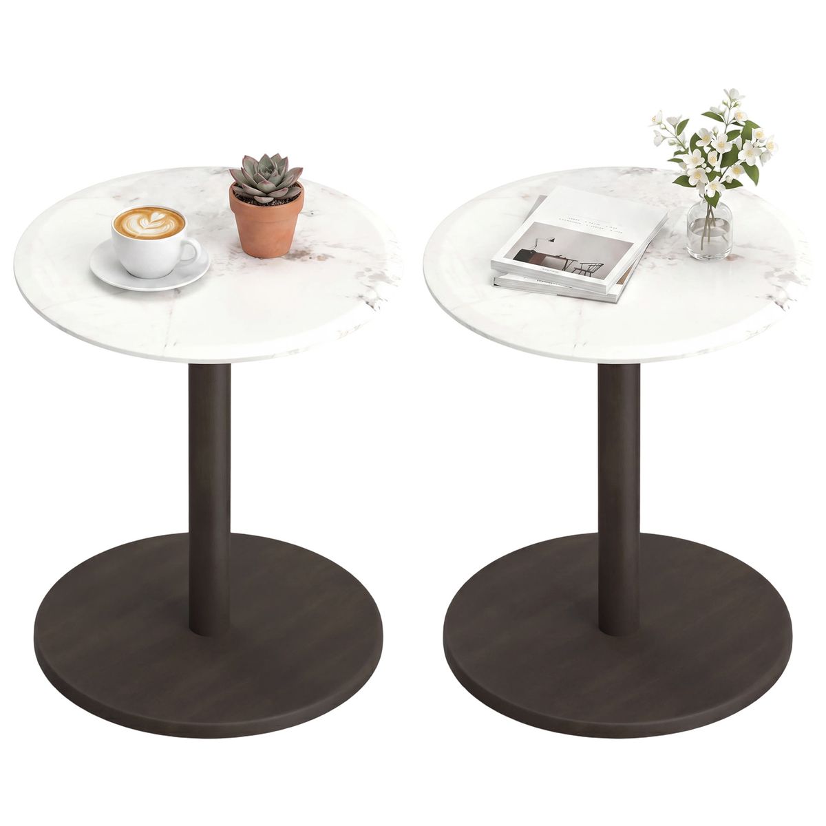 Photos - Dining Table Costway Round Marble Side Table - White + Black-2 HCST15102 (1- or 2-Pack)