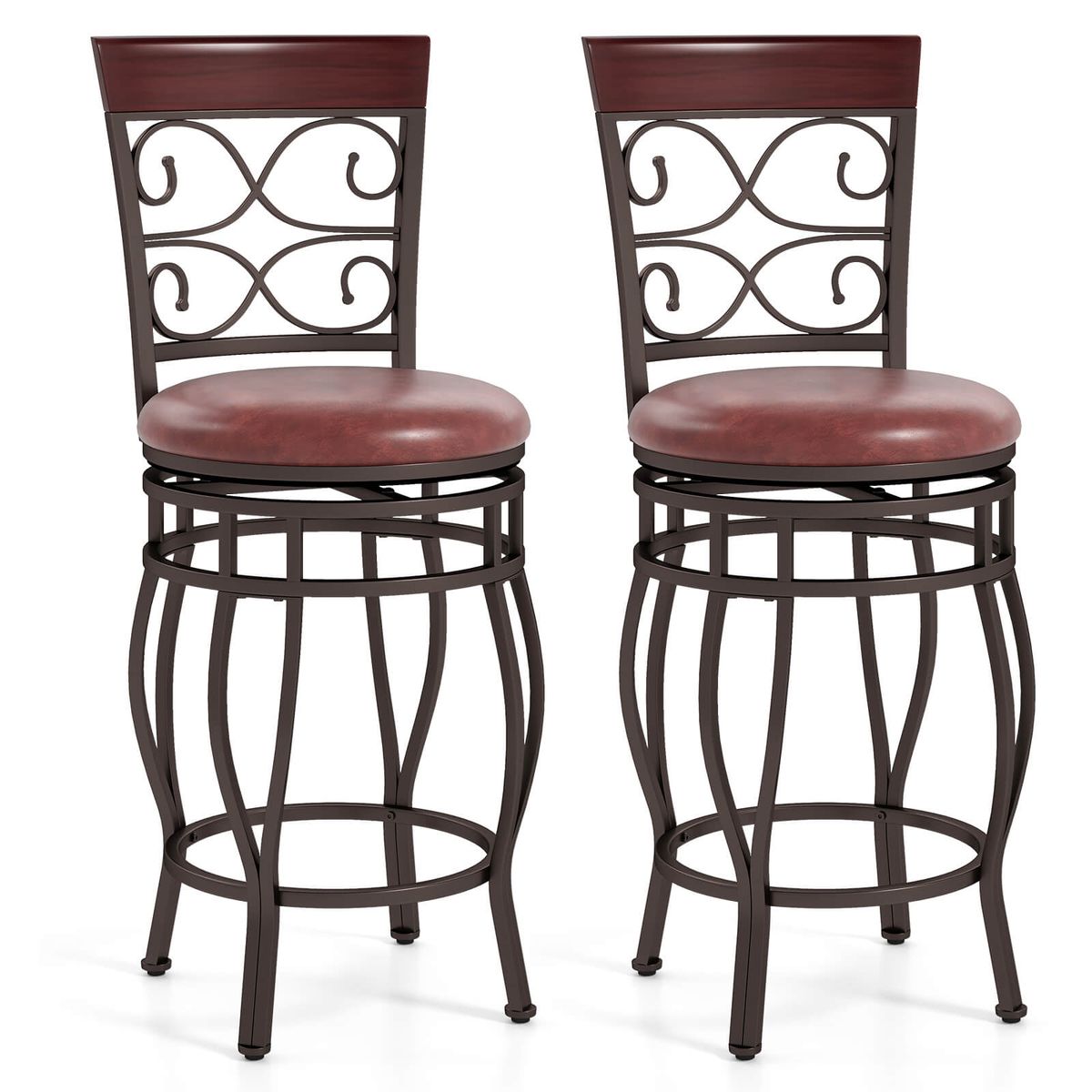Costway Vintage Swivel Bar Stools 26 Inch Bistro Upholstered Dining Chairs - Brown