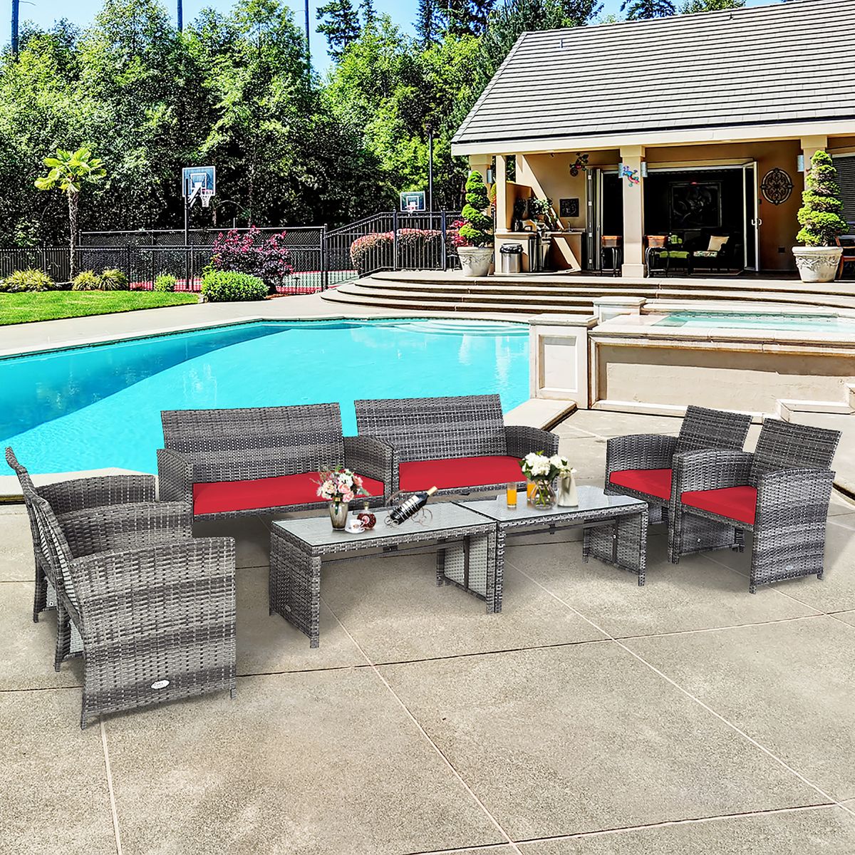 Patio Rattan Furniture Set (8 Pieces) - Red