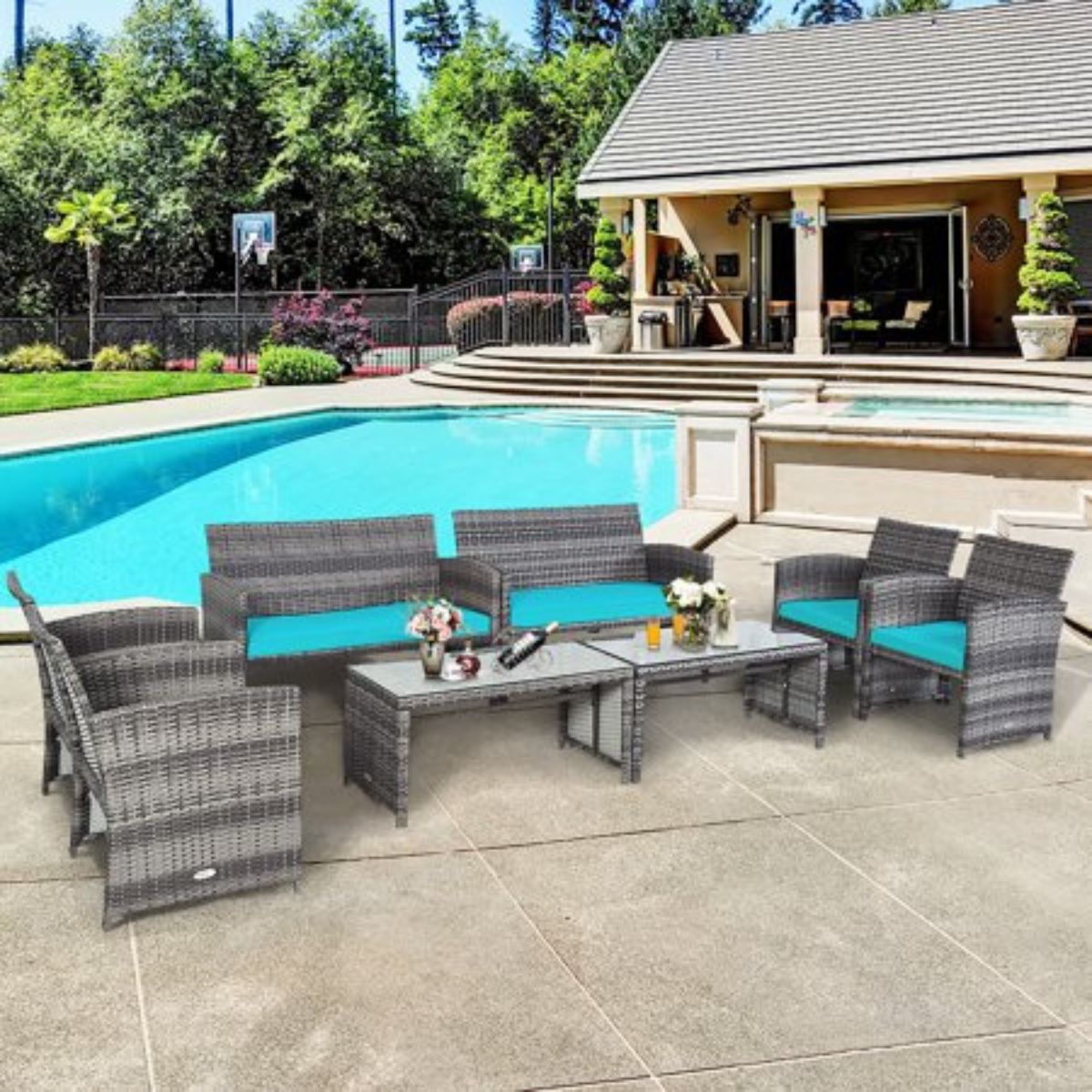 Photos - Garden Furniture Costway Patio Rattan Furniture Set - Turquoise 2*HW63238TU (8 Pieces)