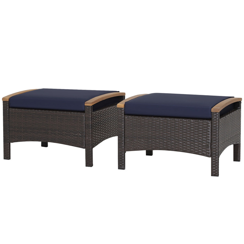Patio Rattan Ottomans (Set of 2) - Outdoor Wicker Footstool NY