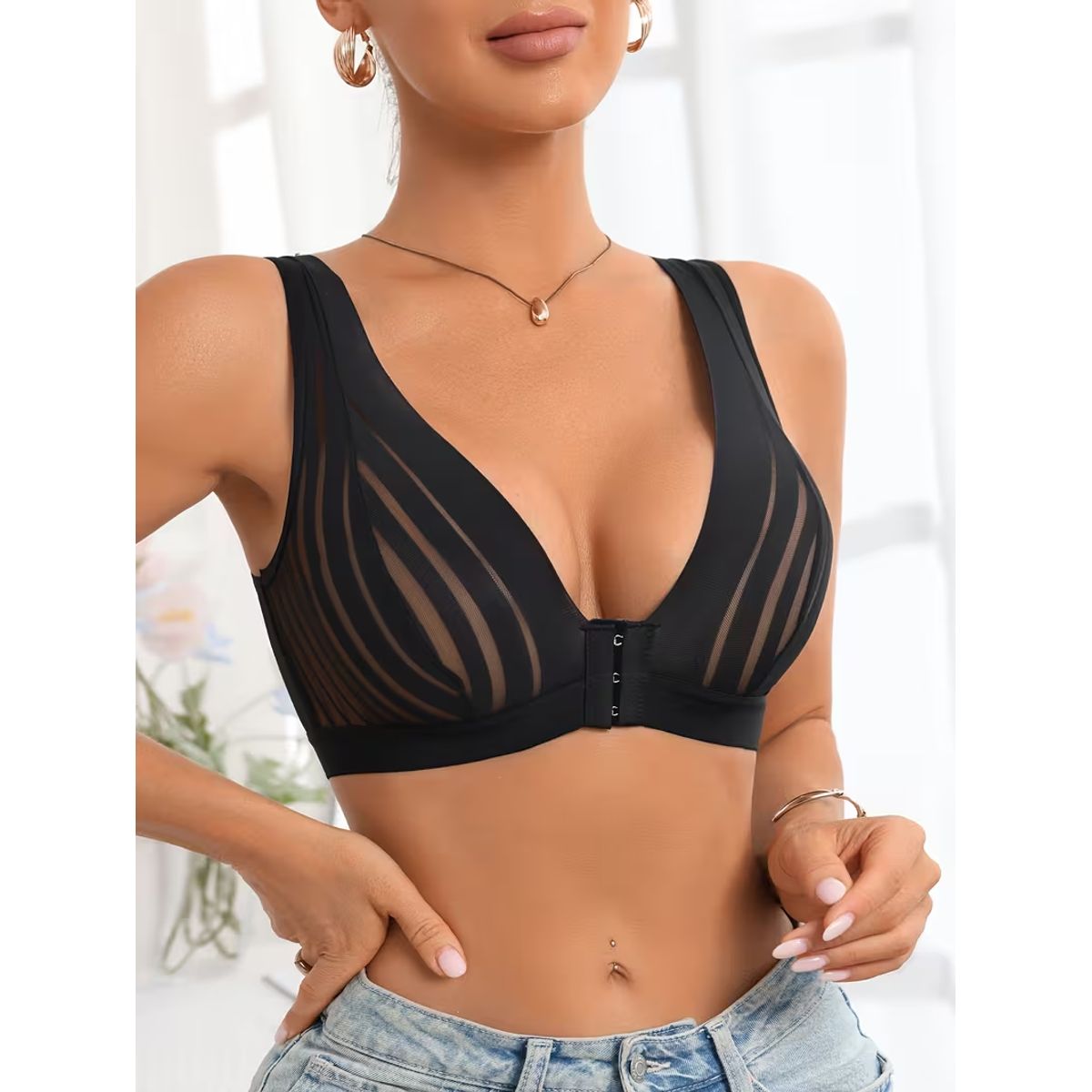 Front Closure Striped Mesh Push Up Bra - Black-M