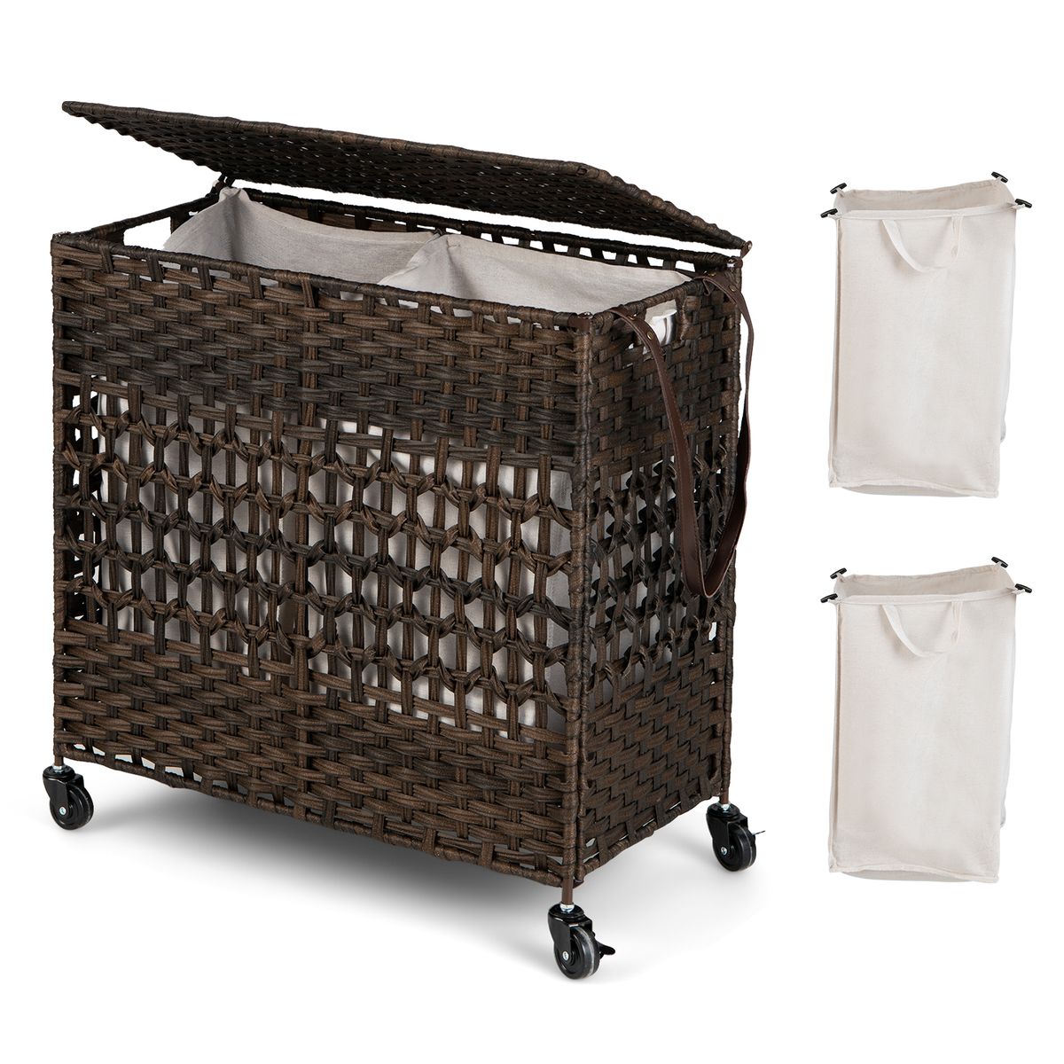 110L Laundry Hamper w/Wheels Clothes Basket w/Lid and Handle and 2 Liner Bags - Brown