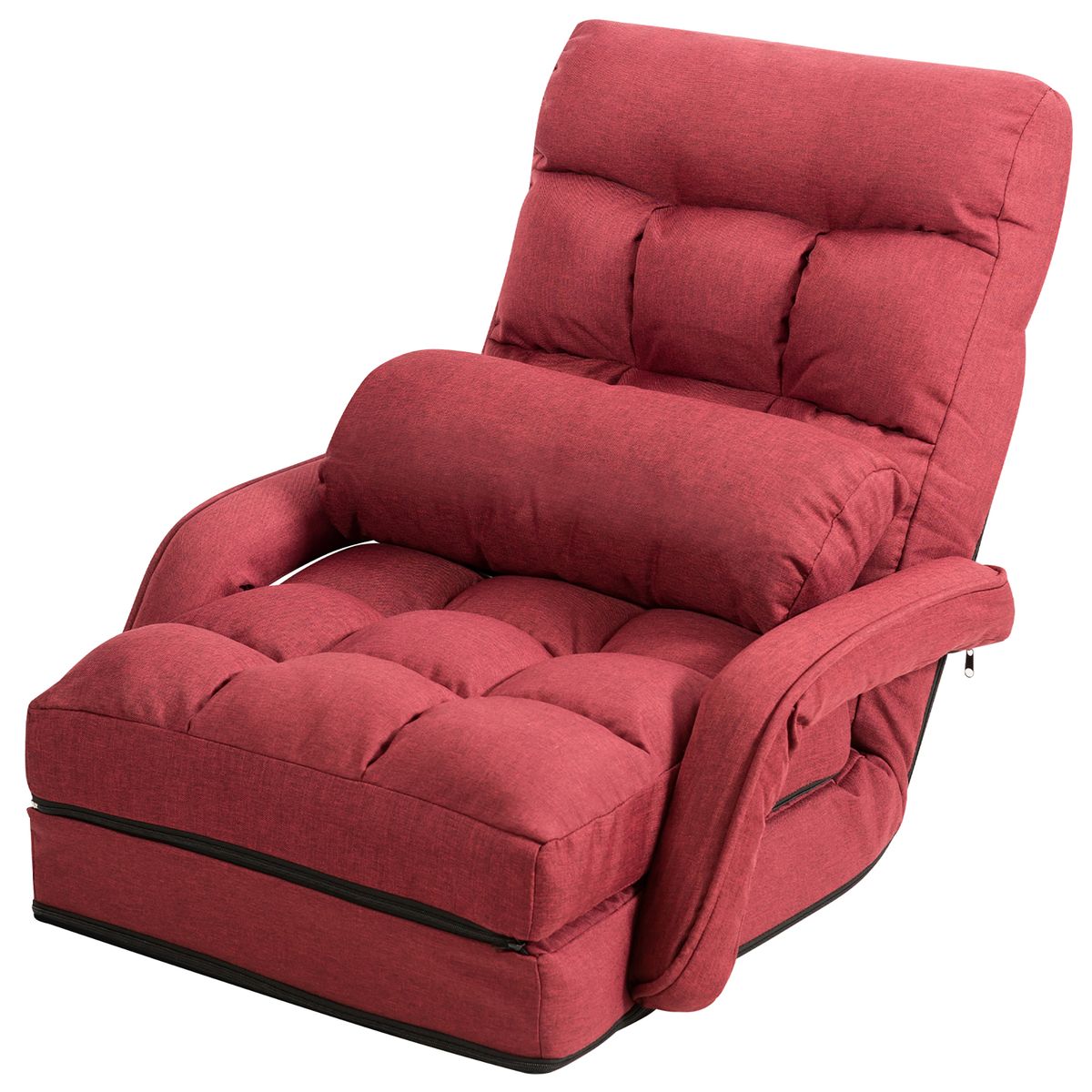 Folding Floor Armchair with Adjustable Back and Lumbar Pillow - Red
