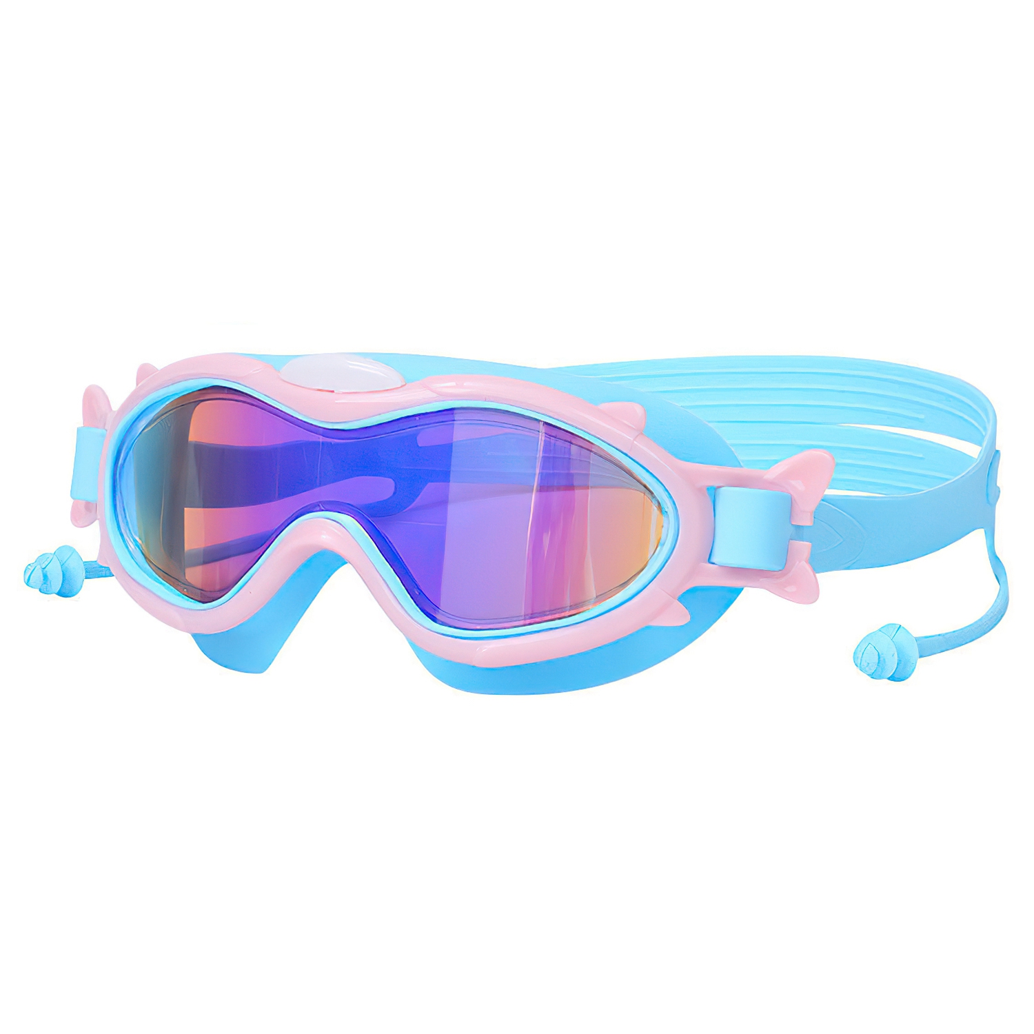 Kids Swim Goggles with Ear Plugs  Blue  Pink Rim
