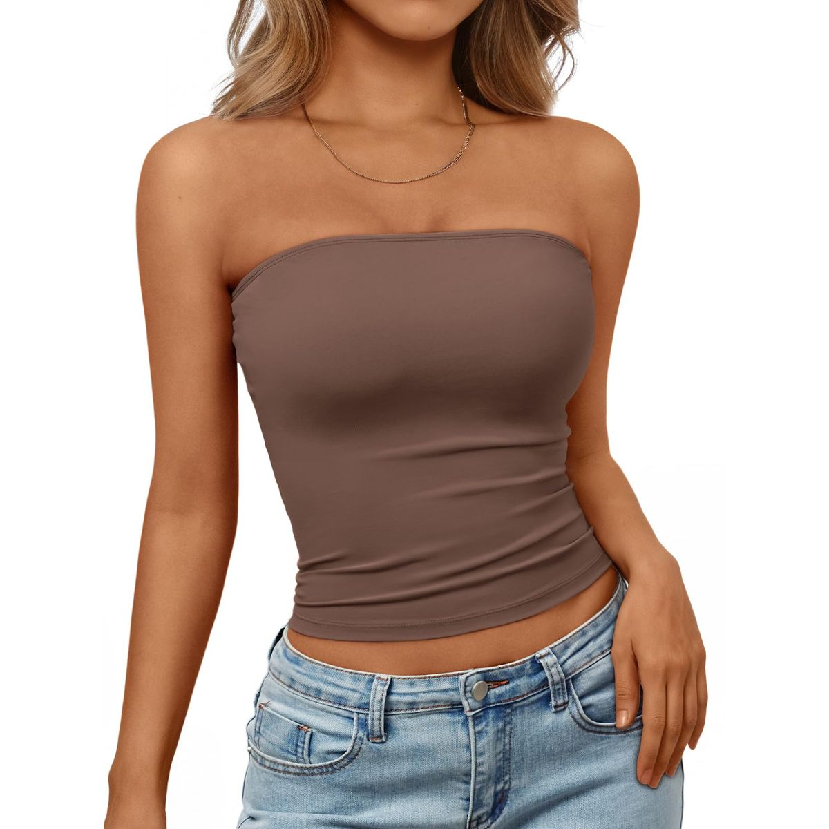 Women&rsquo;s Solid Fitted Tube Top - Brown-XS