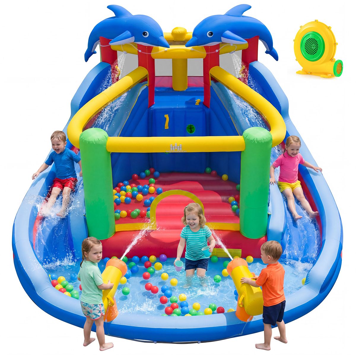 Dolphin-themed Inflatable Water Slide Park - with 680W Blower