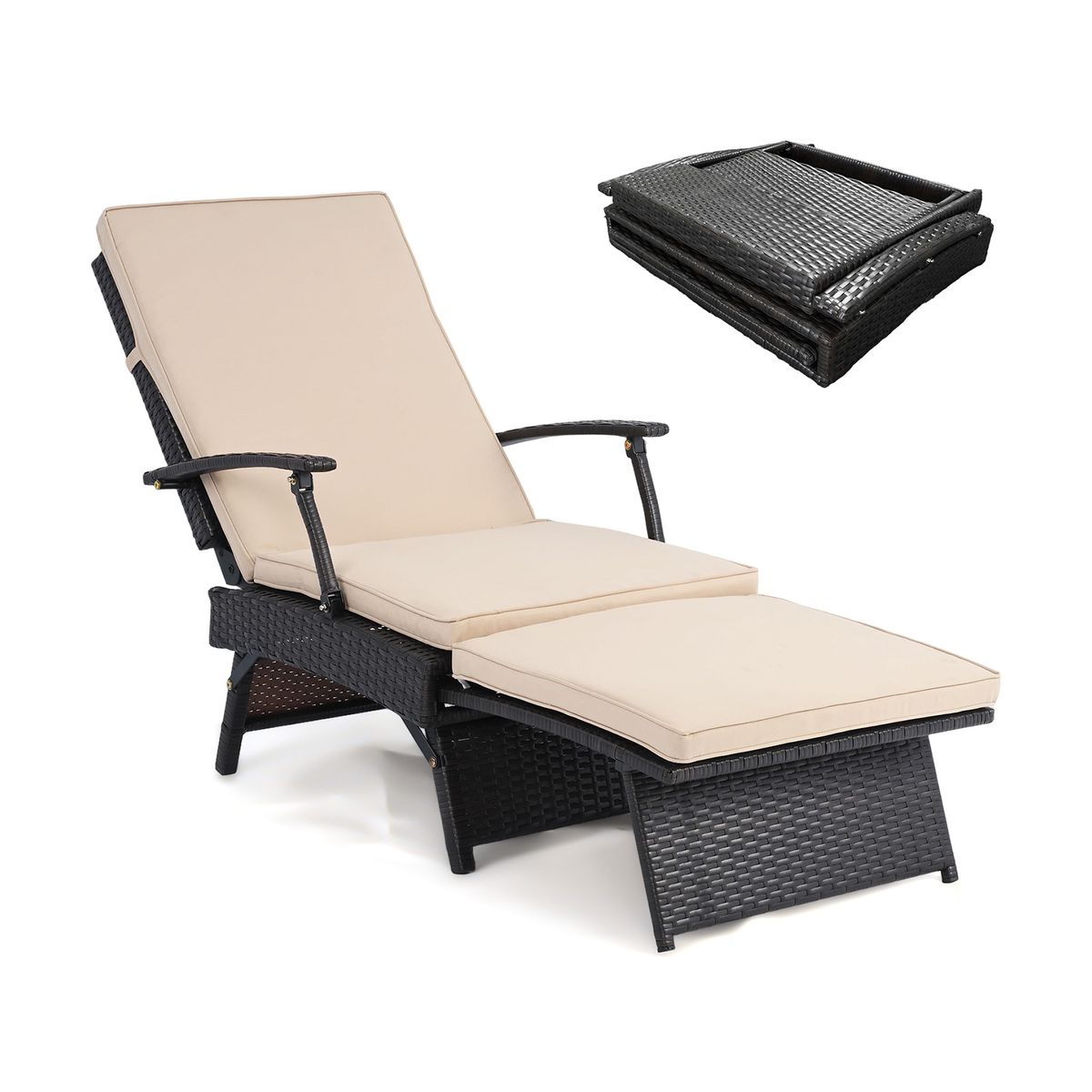 Folding Wicker Chaise Lounge (1- or 2-Pack) - Beige-1