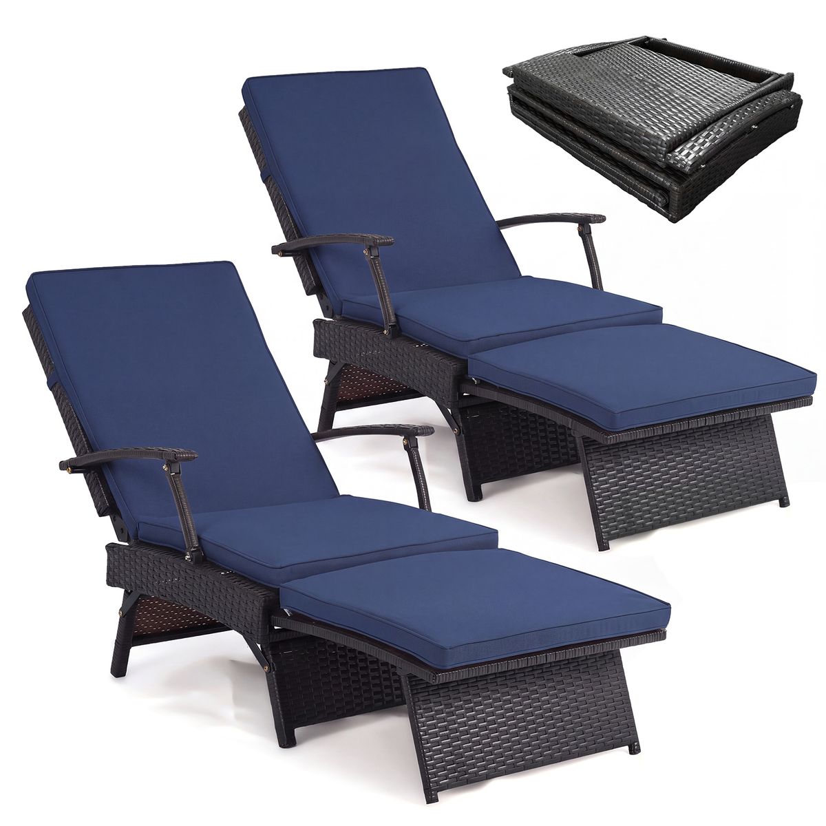 Folding Wicker Chaise Lounge (1- or 2-Pack) - Navy Blue-2