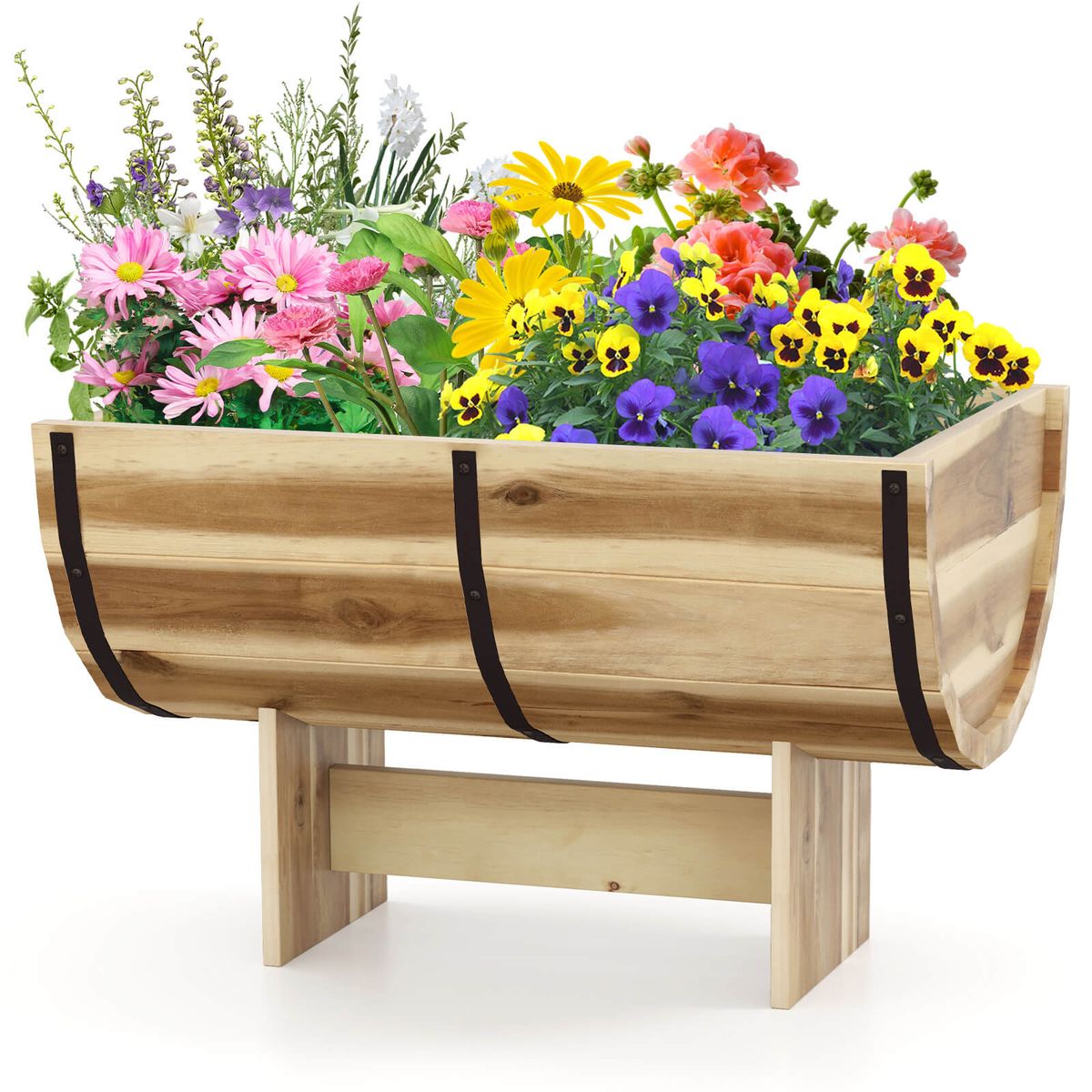 Costway Outdoor Wooden Planter Solid Acacia Wood Half-Barrel Planter Box with Legs - Natural