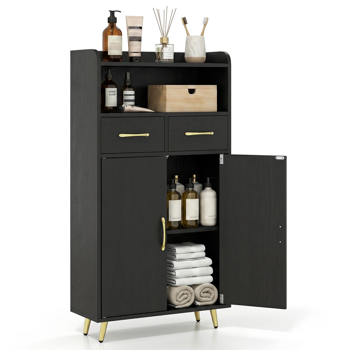 Costway Bathroom Storage Cabinet with 2 Drawers and 2 Doors, Adjustable Shelf and Metal Legs - Black