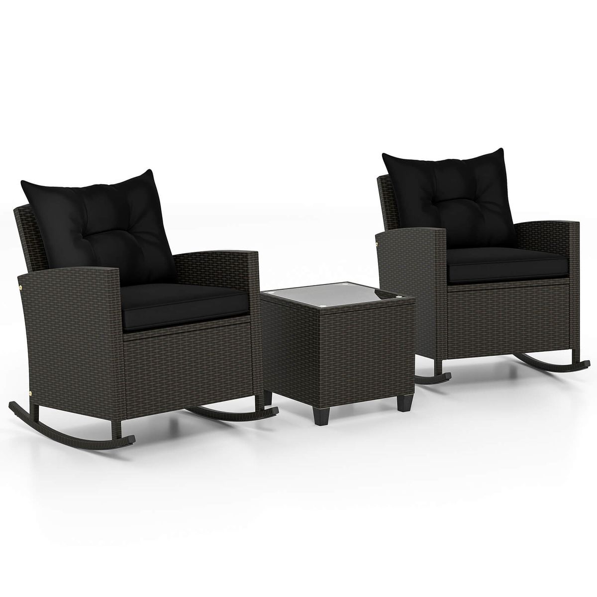 3-Piece Patio Rattan Rocking Chair Set with Tempered Glass Table & Soft Cushions - Rocking Set Grey Rattan-Black