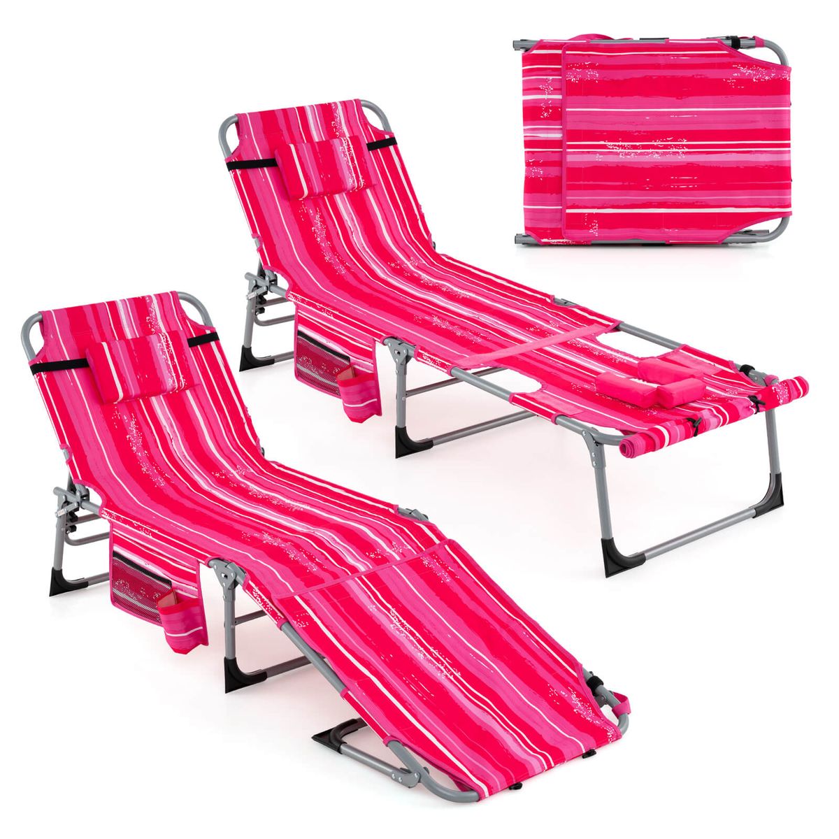 Outdoor Folding Chaise Lounge (1- or 2-Pack) - Lounge Chair-Dark Pink