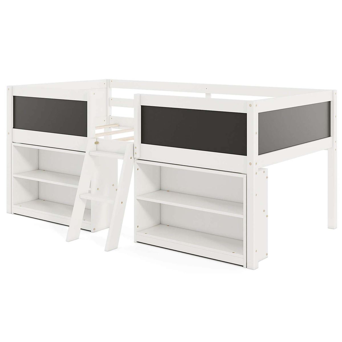 Twin Size Low Loft Bed with Ramp Ladder & Bookcases Full-length Safety Guardrail - White