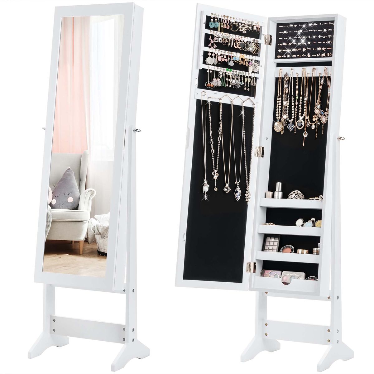 Costway Jewelry Mirrored Cabinet Armoire Organizer Storage Box w/ Stand Christmas Gift - White