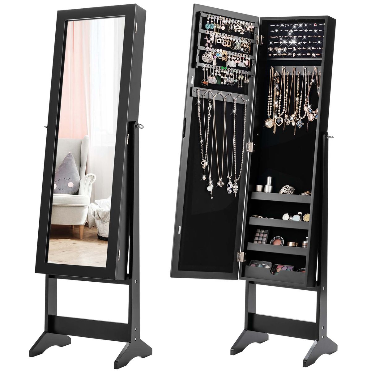 Costway Jewelry Mirrored Cabinet Armoire Organizer Storage Box w/ Stand Christmas Gift - Black