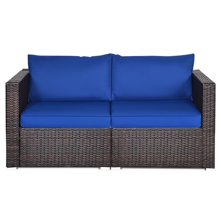 2PCS Patio Rattan Sectional Conversation Sofa Set-Navy