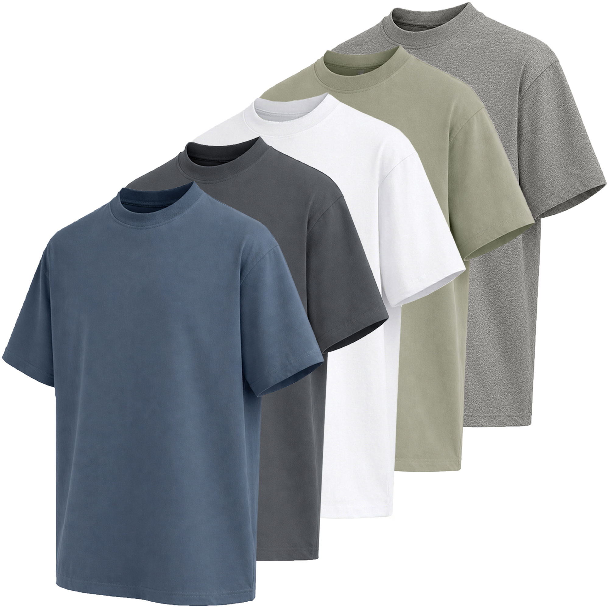 Men's Oversized Crew Neck T-Shirt (5-Pack ) - MLFT-110-BL-DG-WH-OL-HG - XL