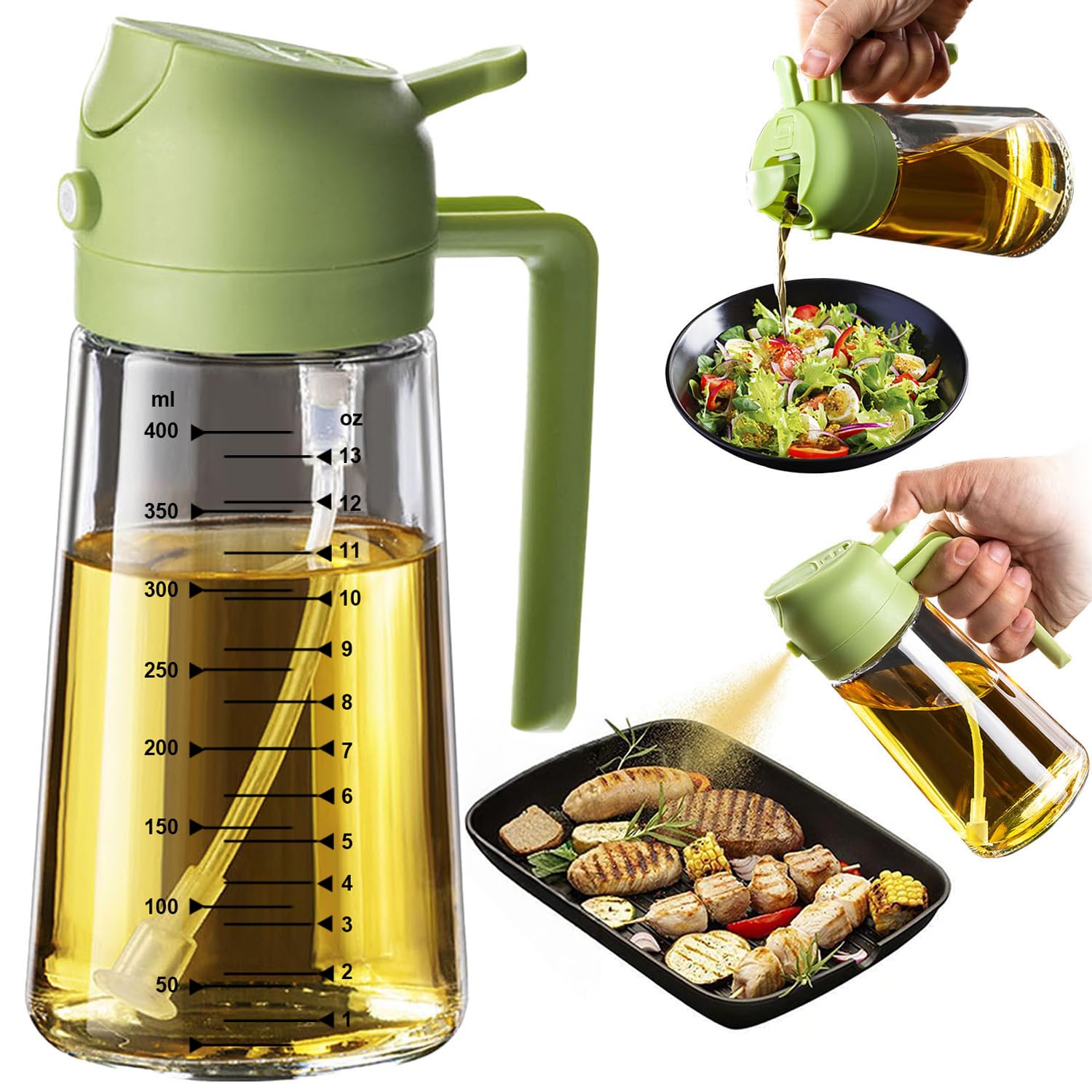 2 In 1 Glass Oil Dispenser Bottle - Green