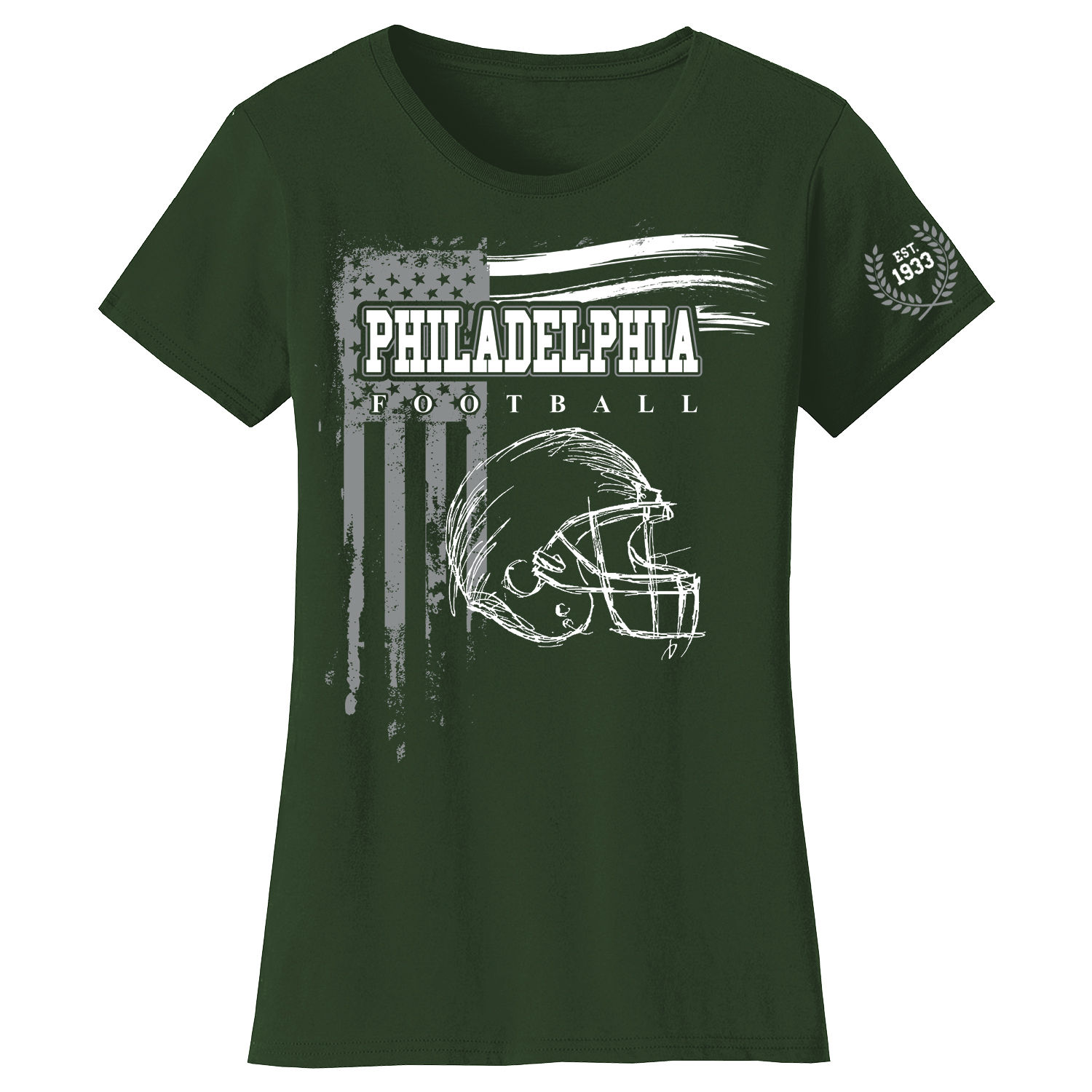 Womens Vintage USA Flag Football TShirt  Philadelphia  Forest Green  L