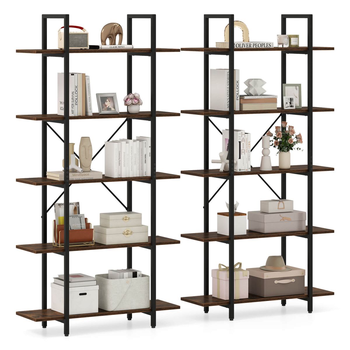 5-Tier 62" Tall Vintage Industrial Bookcase - 2-Piece