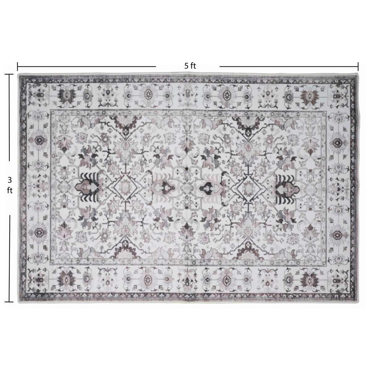 Bibb Home Washable Flannel Printed Area Rug with Latex Back - Ivory Grace 3x5 ft