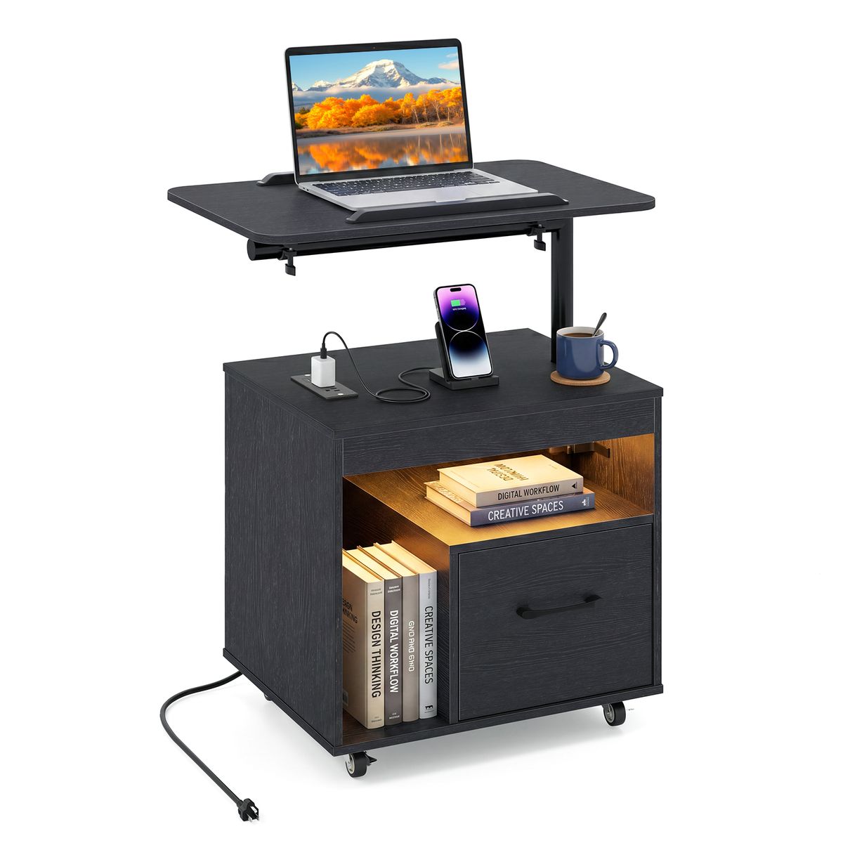 Costway Nightstand with Power Outlets,Modern Bedside Table with Flip overandRotatable Tabletop - Black