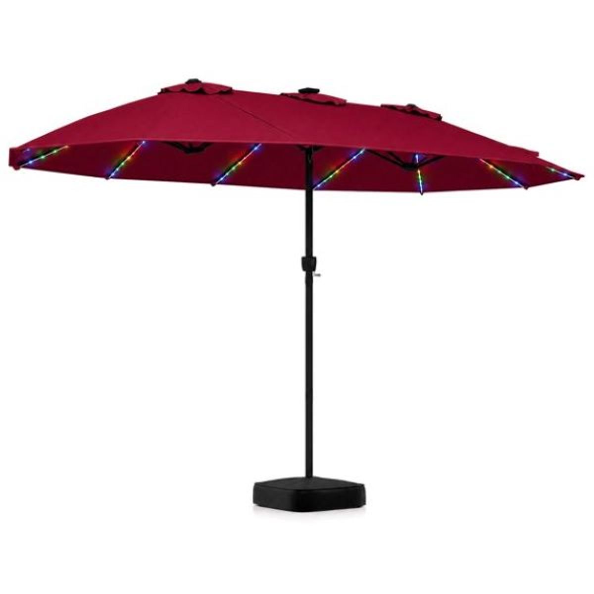 Double-Sided Patio Umbrella with Solar LEDs - with Base-Red