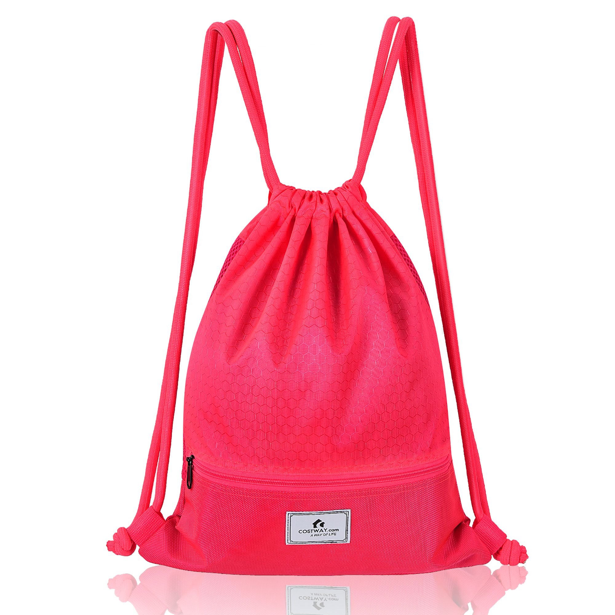 Drawstring Backpack String Bag Foldable Sports Sack with Zipper Pocket - Pink
