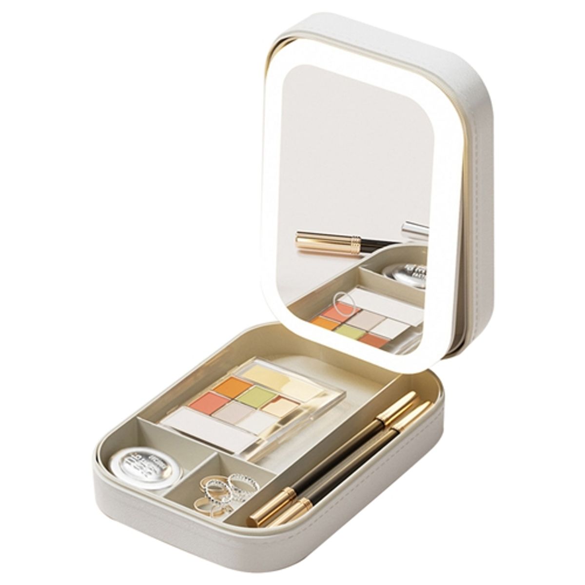 Travel Makeup Bag & LED Mirror  - White