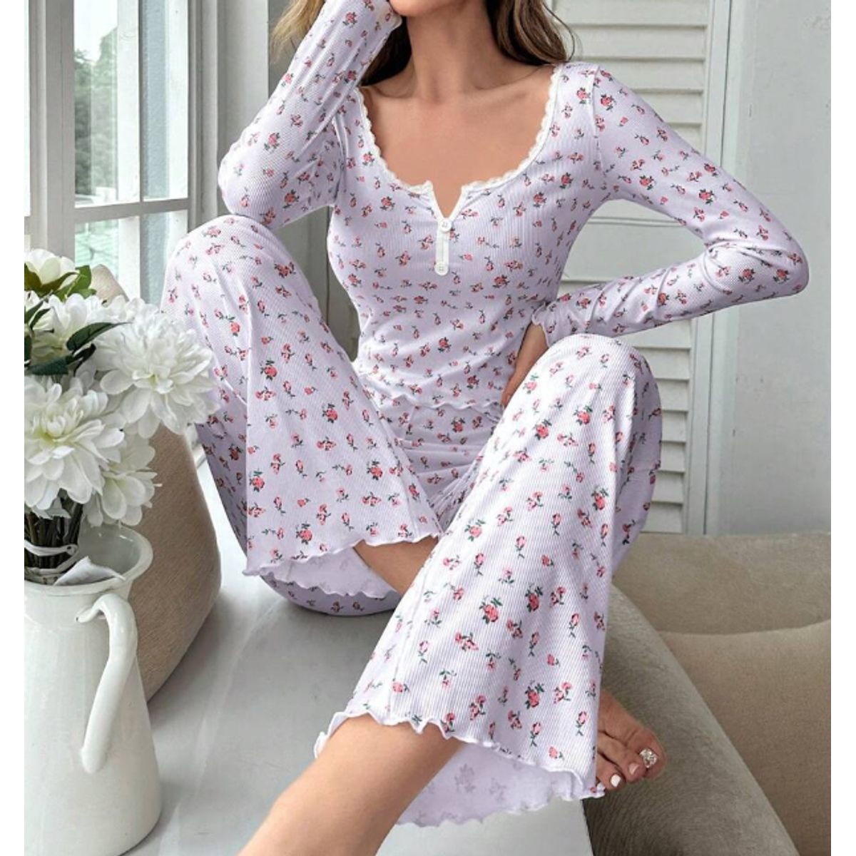 Women's Loungewear Set - Light Purple flower-S