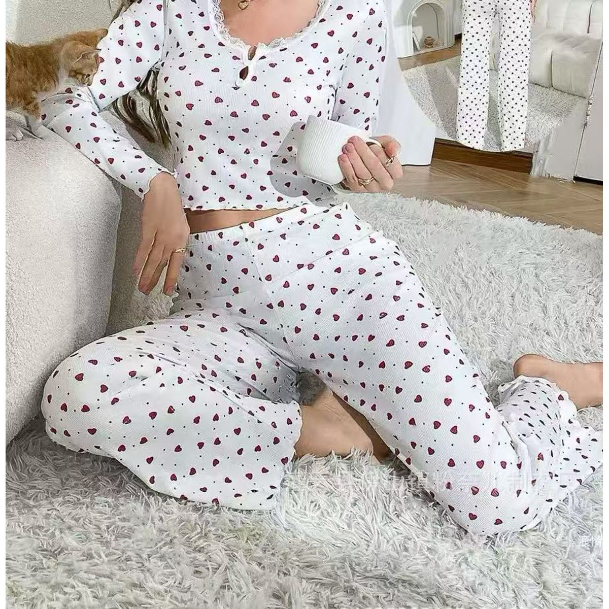 Women's Loungewear Set - White Red Hearts-S