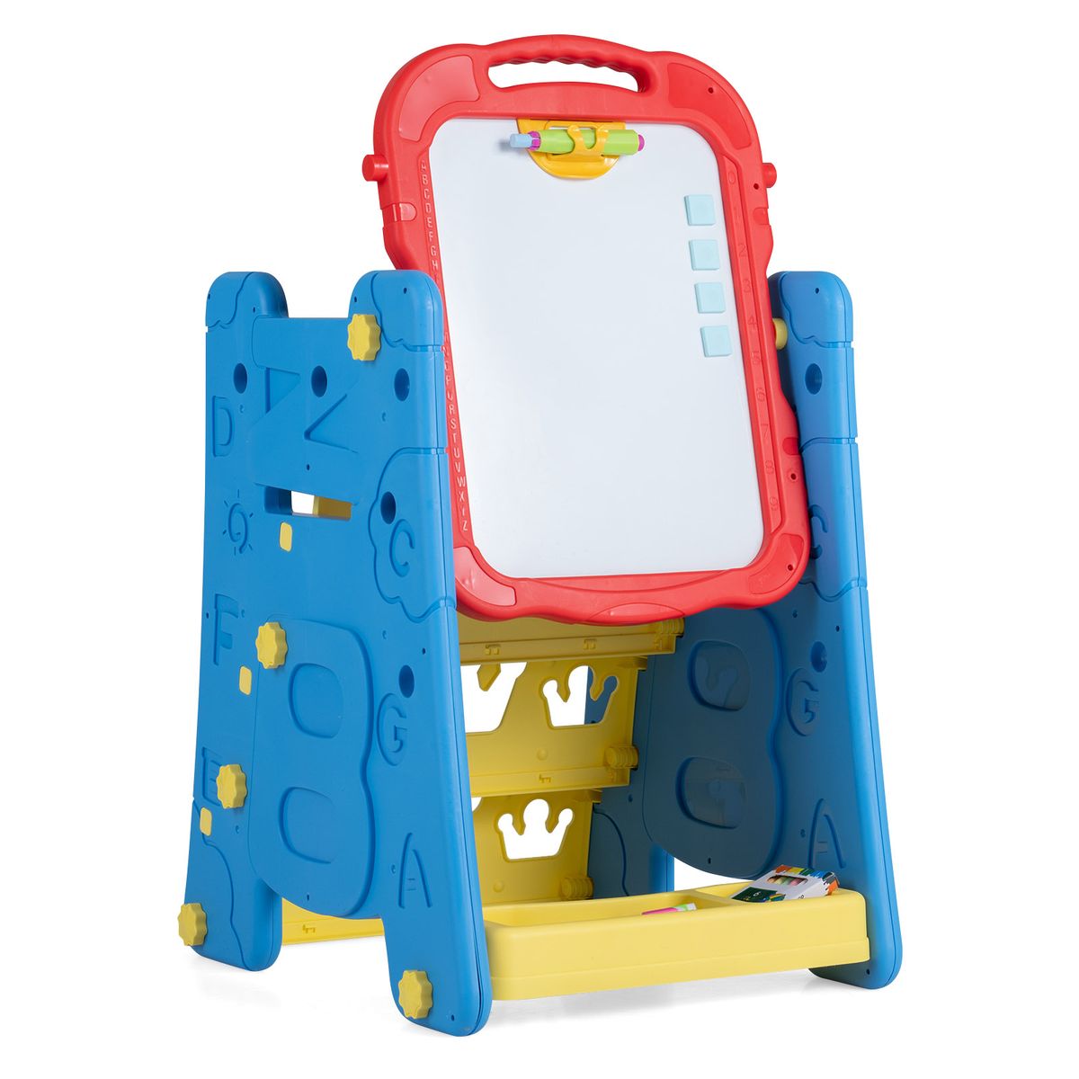 Costway 3 in 1 Art Easel for Kids with Book Rack, Height Adjustable Standing Easel, Age 3 - Blue