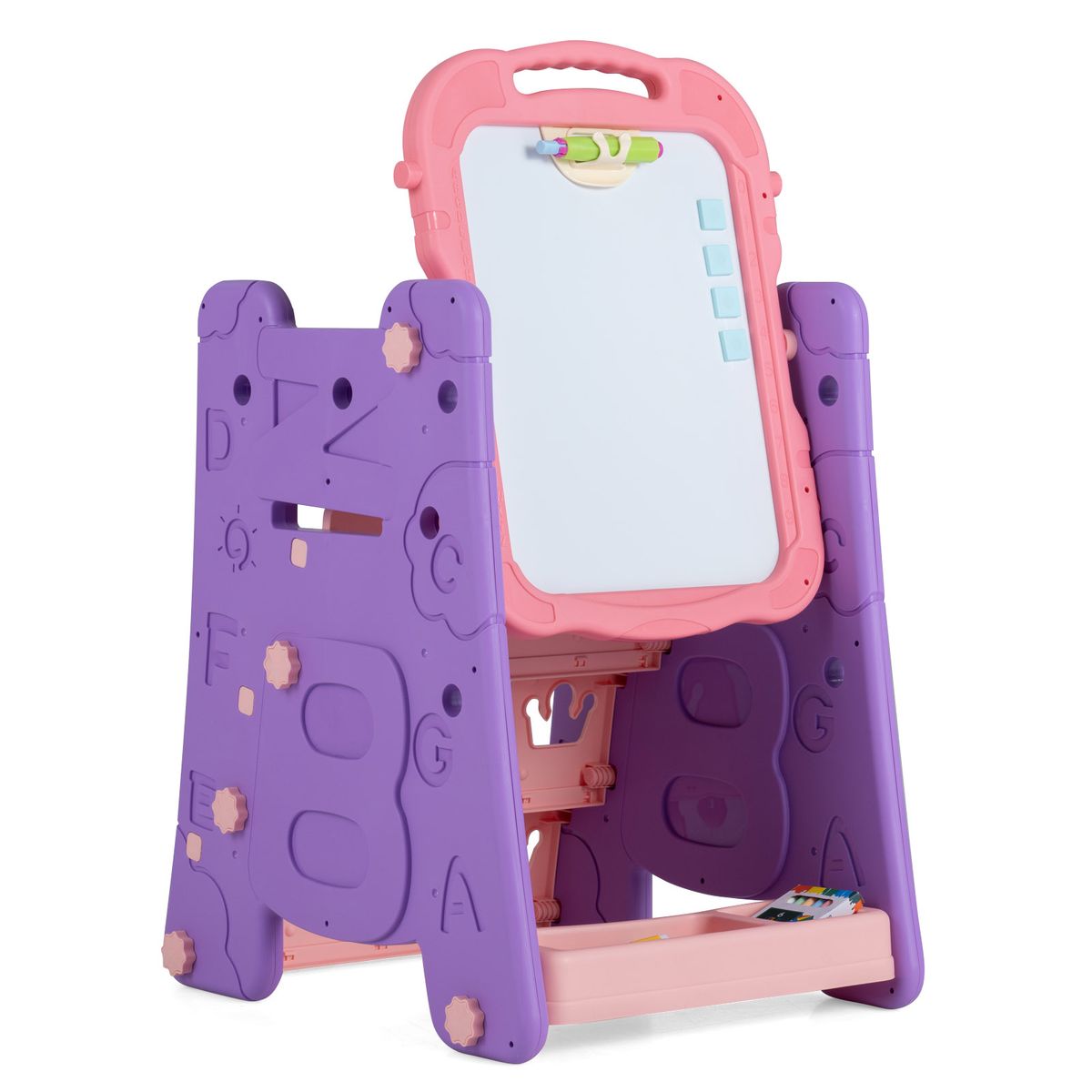 Costway 3 in 1 Art Easel for Kids with Book Rack, Height Adjustable Standing Easel, Age 3 - Purple