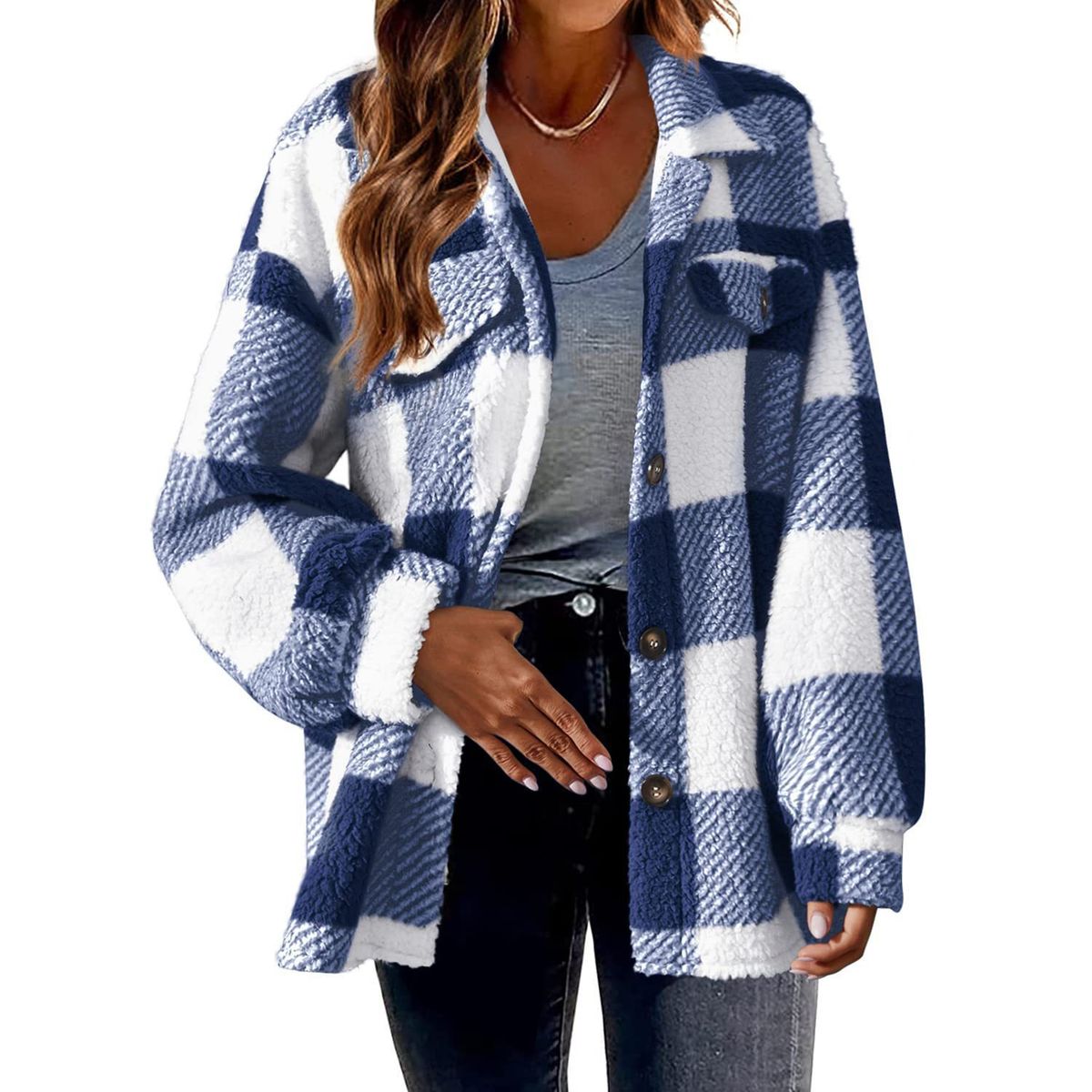 Women's Plaid Fleece Oversized Jacket - Blue-2XL