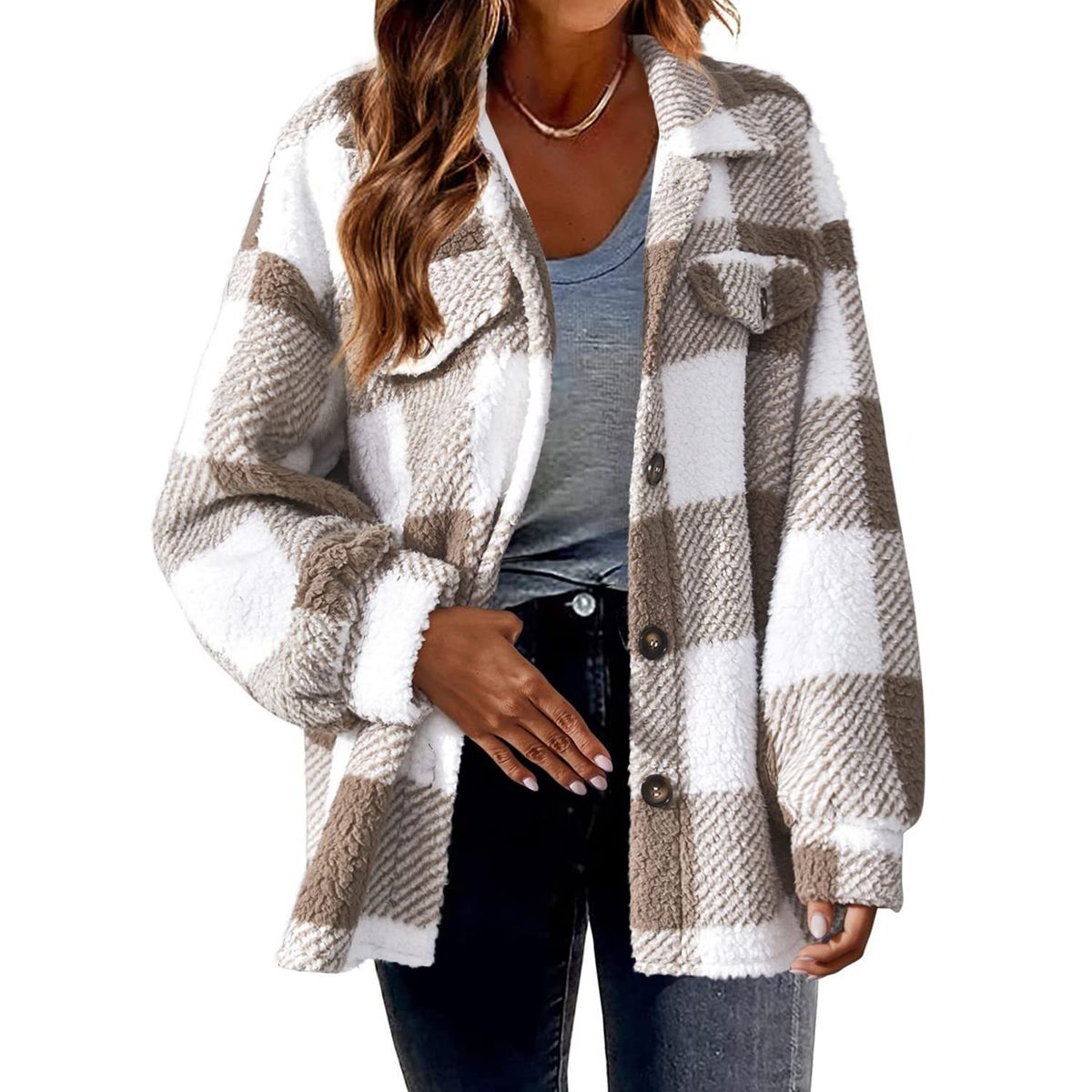Women's Plaid Fleece Oversized Jacket - Khaki-S
